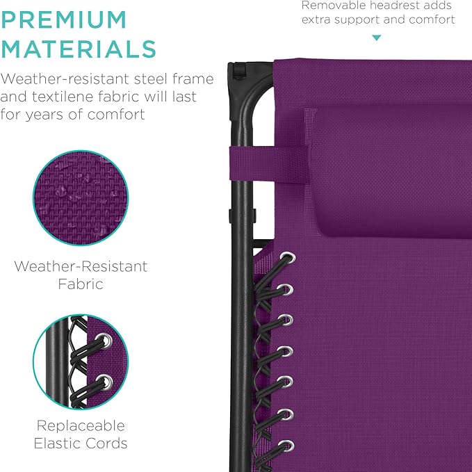 Best Choice Products 30” Wide Folding Zero Gravity Outdoor Recliner Patio Lounge Chair w/Adjustable Canopy Shade, Headrest, Side Accessory Tray - Amethyst Purple