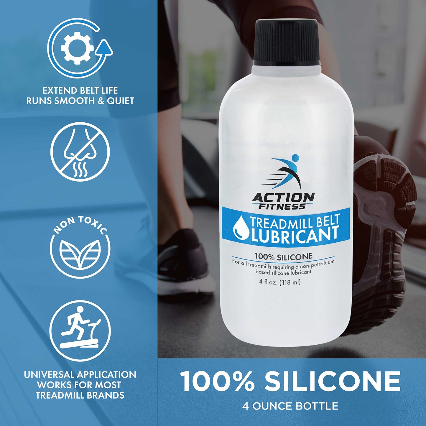 Action Fitness 100% Silicone Treadmill Lubricant for Belt Maintenance - 4oz Bottle, Dual Applicators for Easy Lube Application - Extends Life, Smooths Operation