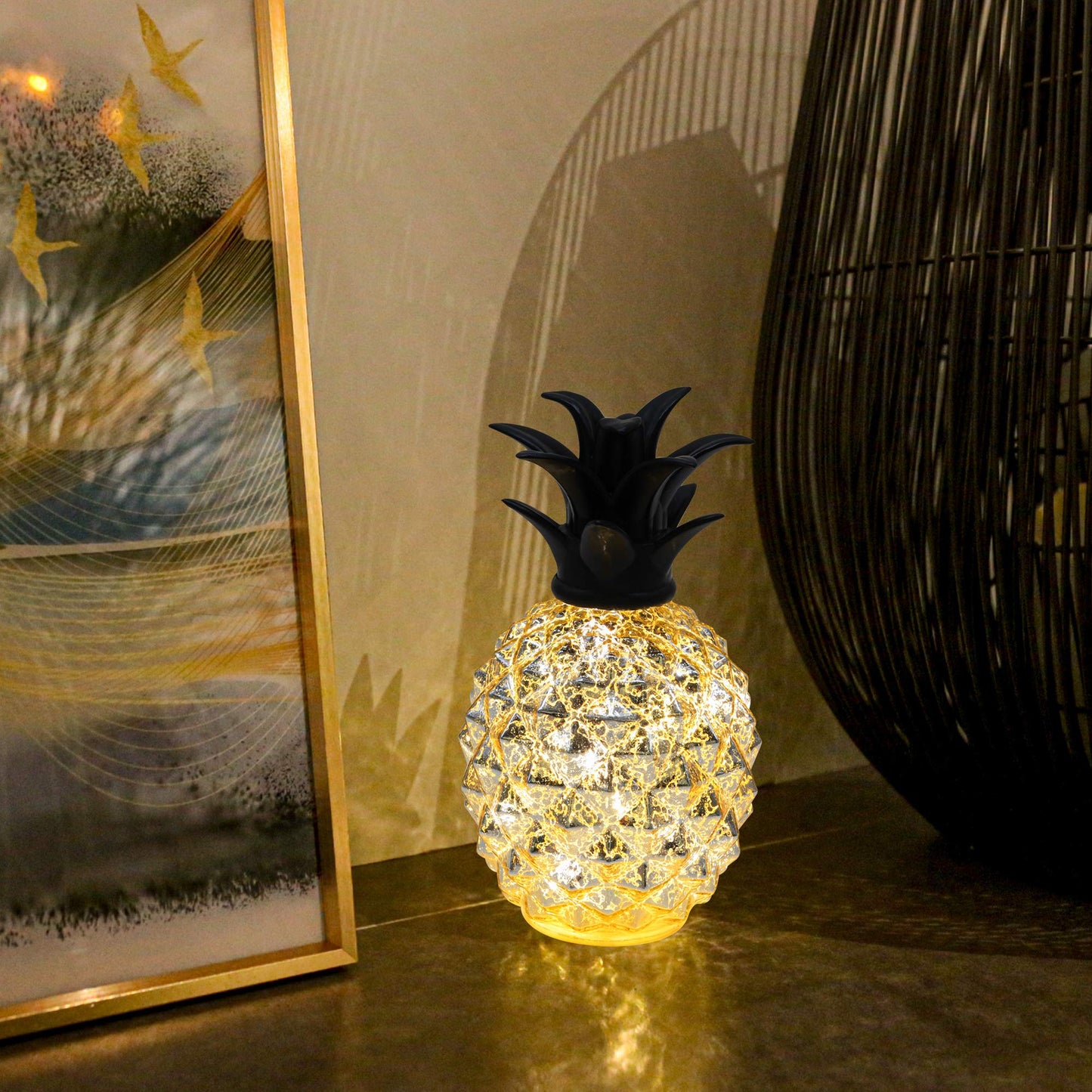 Romingo Mercury Glass Pineapple Lamp 9 Inch Batteries Operated Night Light with Timer for Living Bed Room, Women's Gift for Wife Girl Friend Silver