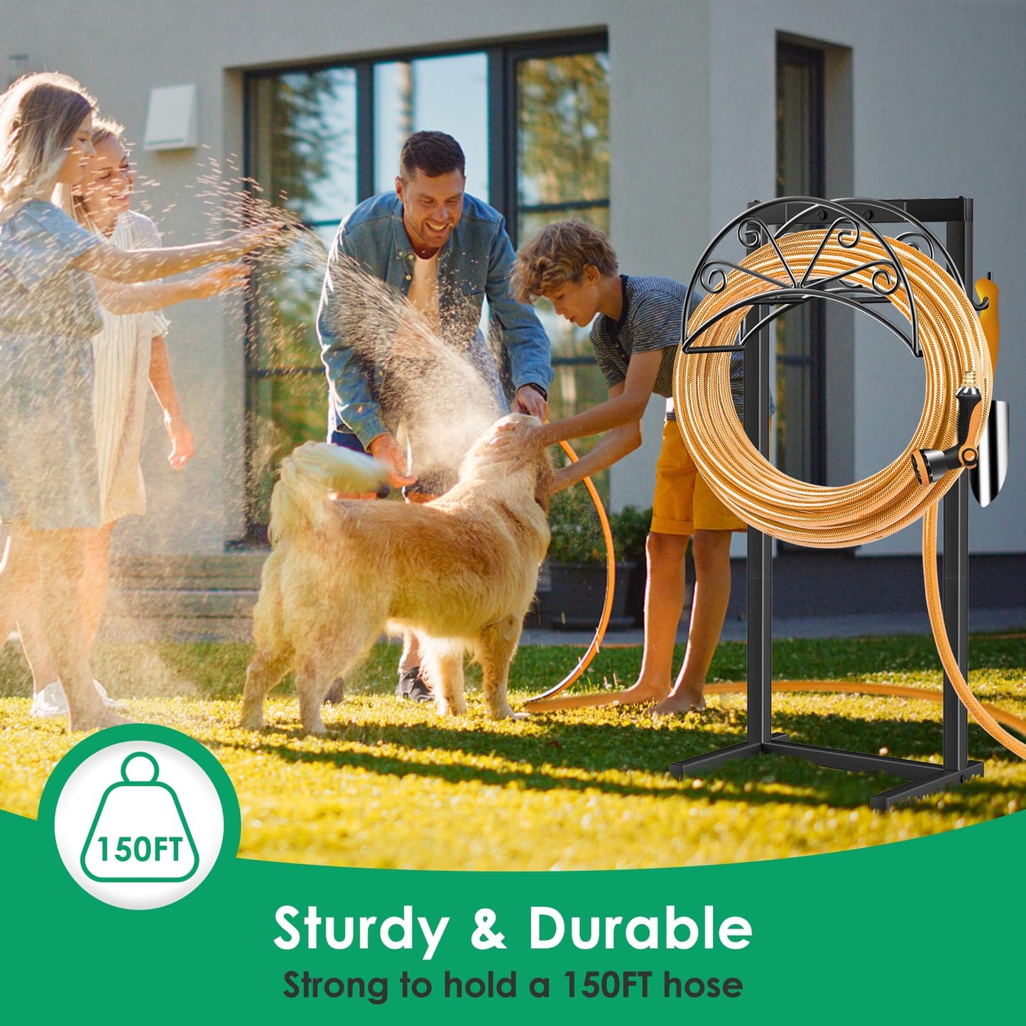 TomCare Garden Hose Holder Heavy Duty Water Hose Holder Holds 160 FT Hose 4 Spikes Hose Reel with 2 Tool Hooks Freestanding Hose Hanger Sturdy Hose Storage Stand for Outside Yard Lawn, Black