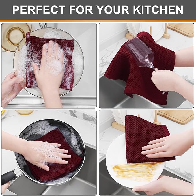 Kitinjoy 100% Cotton Kitchen Dish Cloths, 6 Pack Waffle Weave Ultra Soft