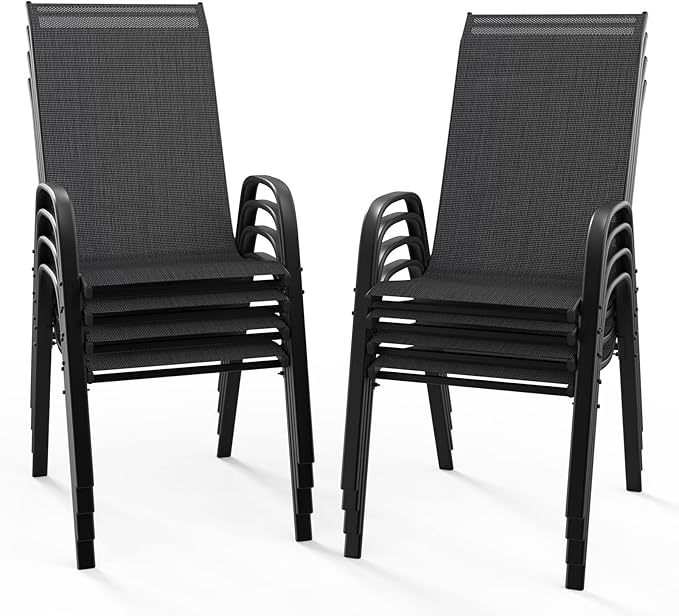 VINGLI Patio Chairs Set of 8 – Stackable Outdoor Dining Chairs with Comfortable Sling High Back Chairs and Armrests for Lawn, Poolside, Courtyard, Balcony, Garden, Black