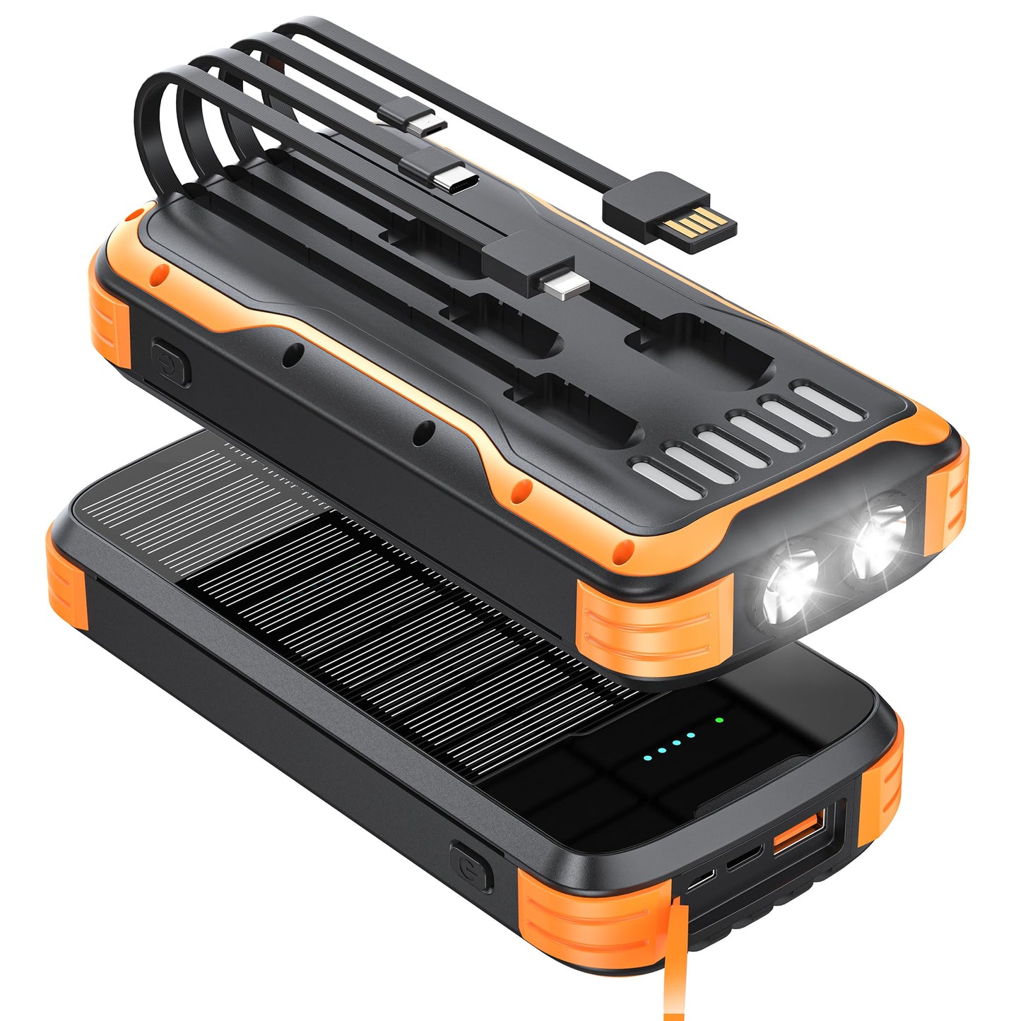 Solar Charger Power Bank, 40000mAh Portable Charger PD 20W Fast Charging Solar Power Bank Built in 4 Cables and USB-C in/Output, Camping Essentials External Battery Pack with Flashlights