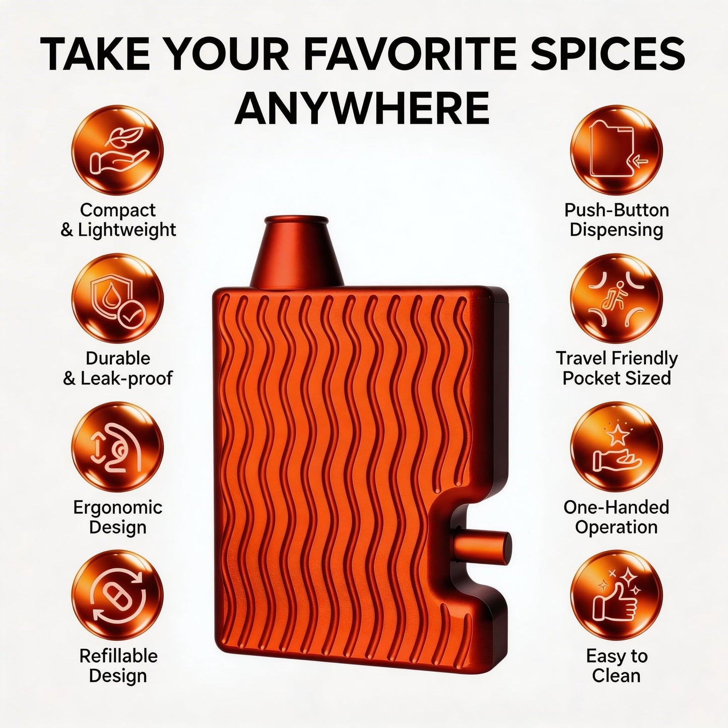 Pepper Shaker Powder Dispenser | Aviation-Grade Aluminum Alloy | One-Button Operation | Magnetic Loading Door | Leak-Proof Discreet Wave-Textured Design | Pocket-Sized (Matte Orange)
