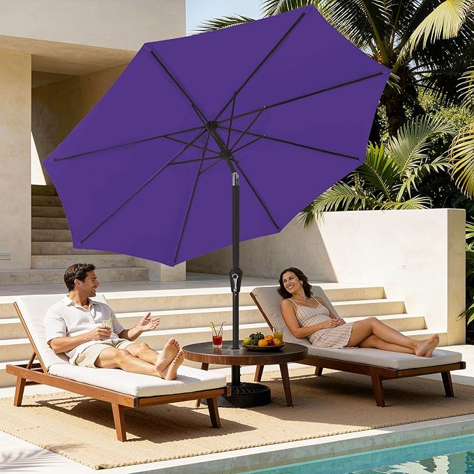 MEWAY 9ft Patio Umbrella Outdoor Table Umbrellas with Push Button Tilt and Crank, Market Umbrella 8 Sturdy Ribs for Deck, Garden, Pool and Backyard, Dark Purple