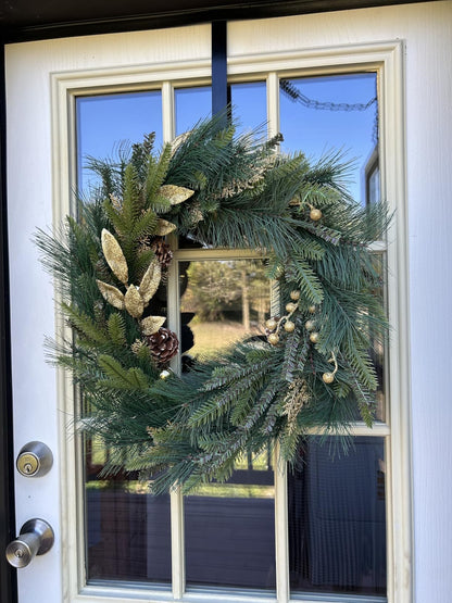NeoL'artes 26inch Gold Wreath for Porch Front Door Mantle and Fireplace Wrapped Grapevine with Ornaments Snow Pinecones Winter Season Home Decor