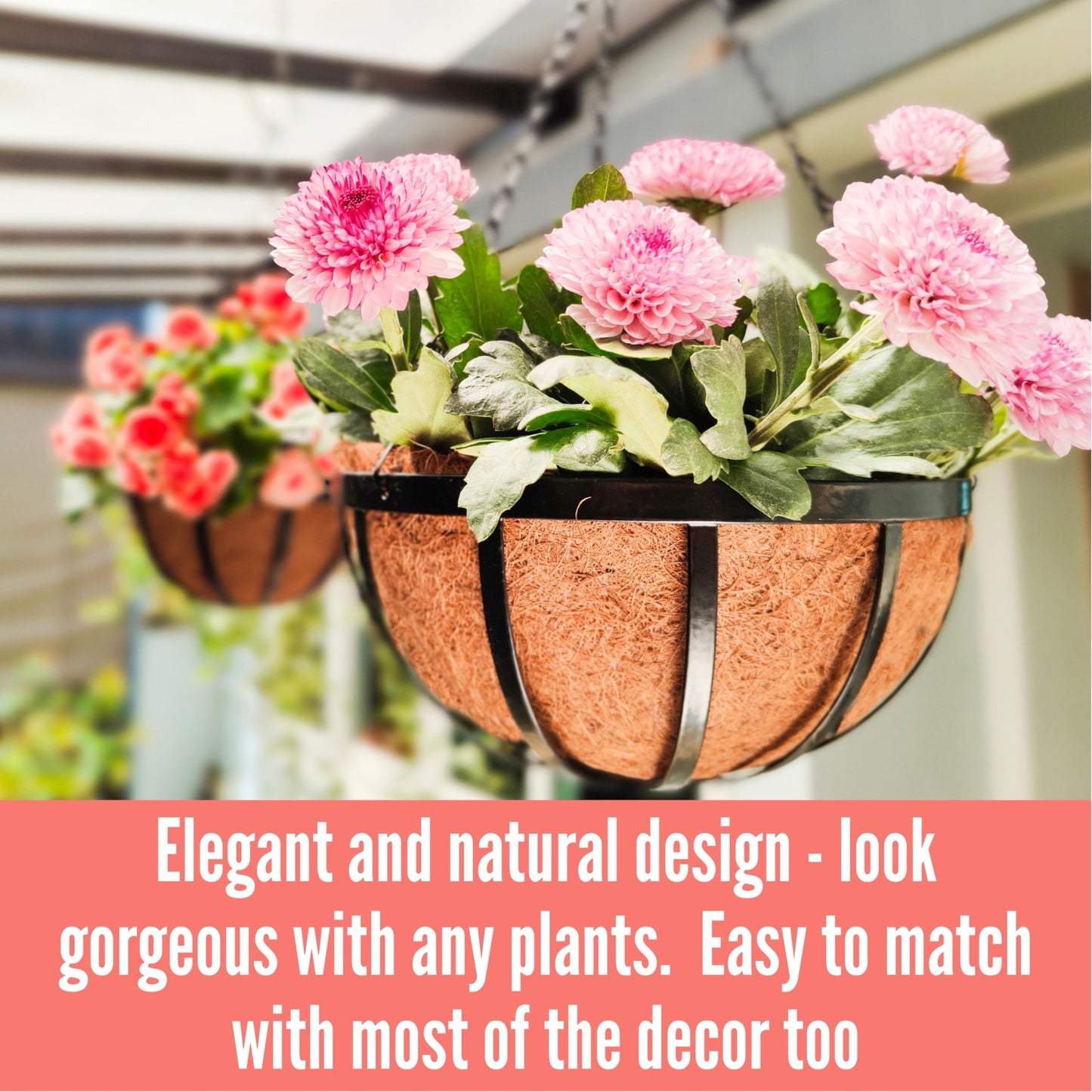 LaLaGreen Outdoor Hanging Baskets for Plants (14 Inch, 6 Pack) Large Black Hanging Planters with Coco Liner, Flat Iron Round Plant Metal Flower Pots for Deck Patio Porch Garden Balcony Outside Decor