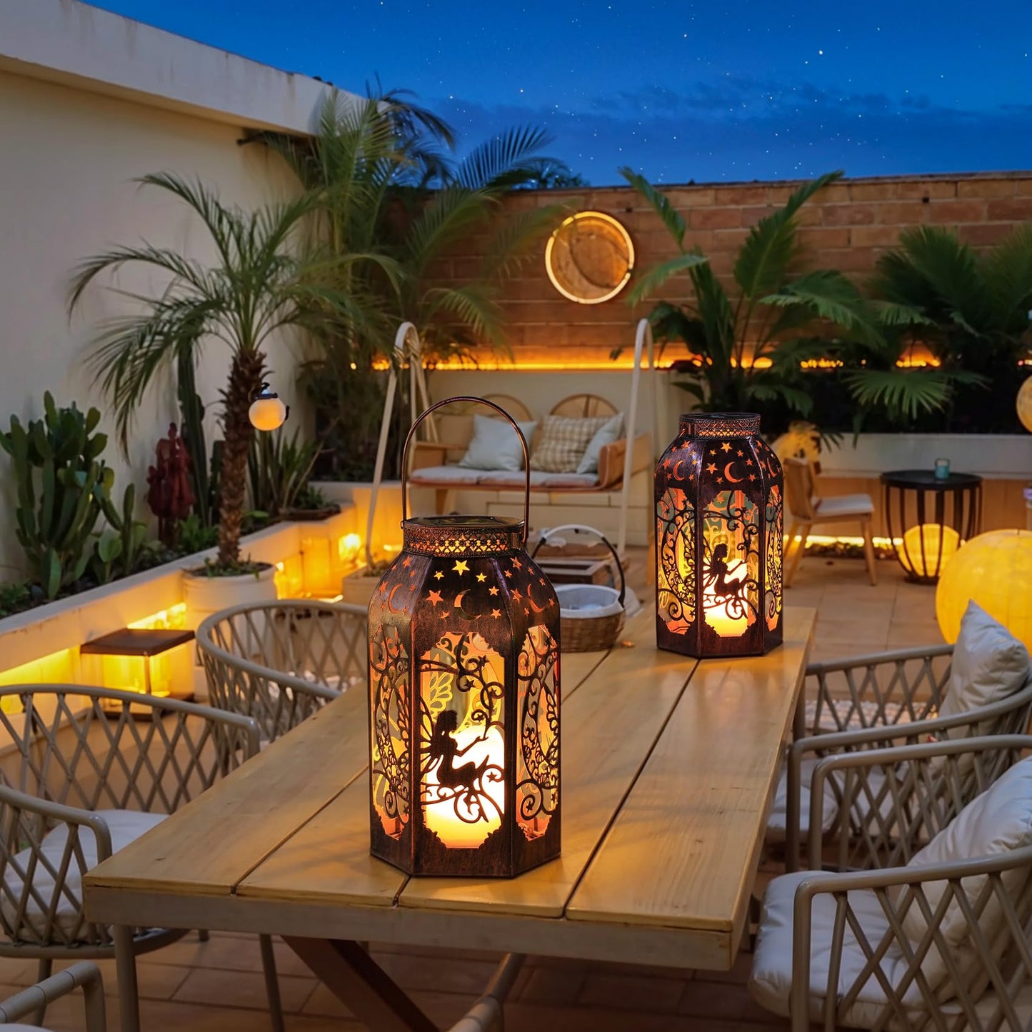 Singingarden Solar Lanterns Outdoor Garden Hanging Lantern Waterproof LED Metal Bronze Moon Fairy Lantern Waterproof Flickering Flameless Candle Mission Lights for Table,Patio,Mother's Day Gift(2Pack)