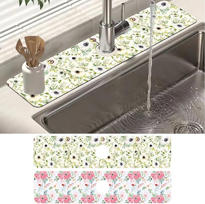 2 Pack Watercolor Floral Sink Faucet Absorbing Mat White Pink Flowers Super