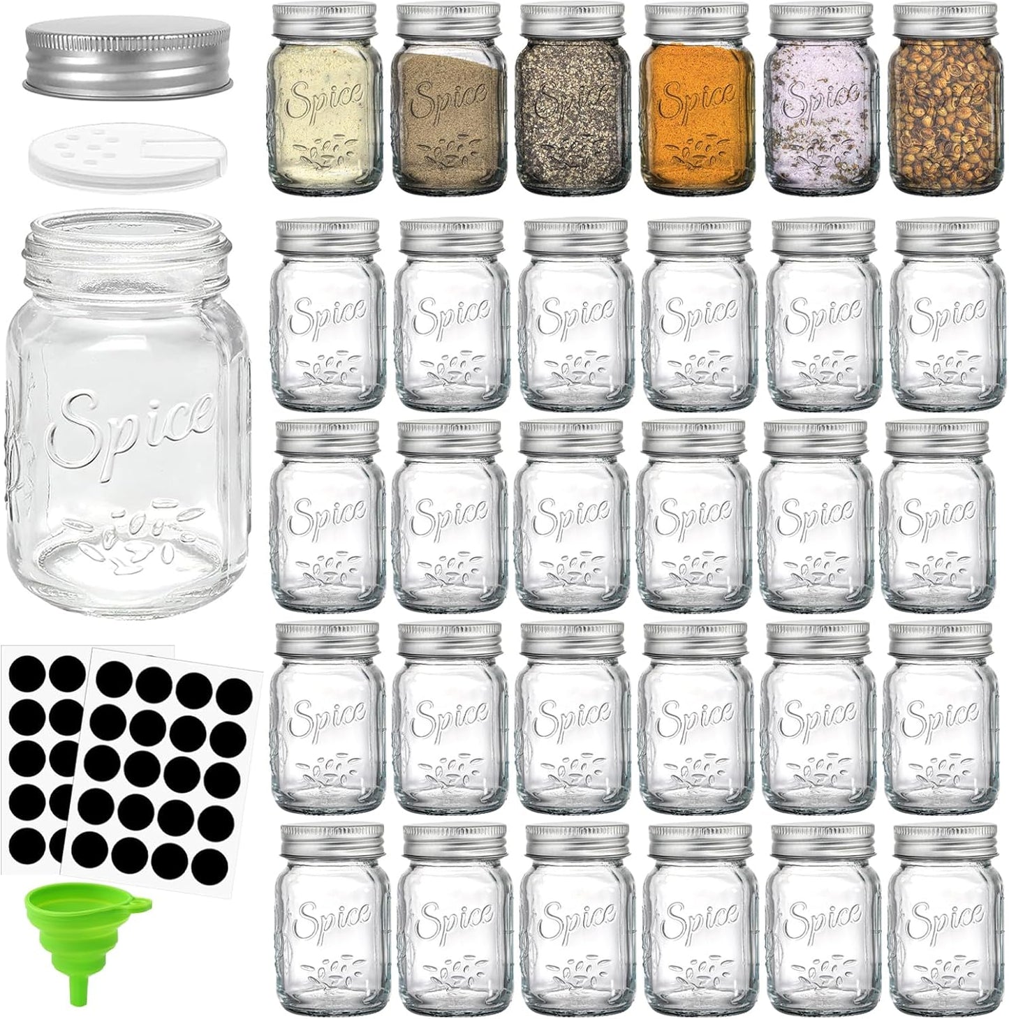 Coloch 30 Pack 4 Oz Glass Mason Spice Jar with Shaker Lids& Labels, Empty Spice Bottle with Airtight Metal Caps and Collapsible Funnel for Herbs & Spices