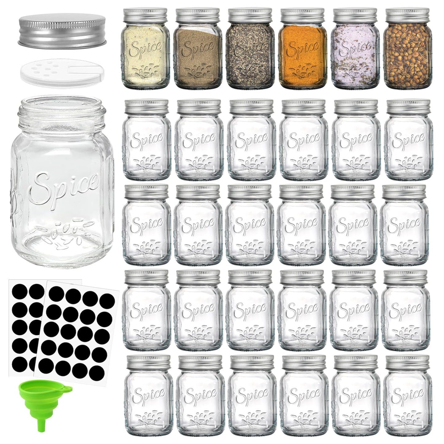 Coloch 30 Pack 4 Oz Glass Mason Spice Jar with Shaker Lids& Labels, Empty Spice Bottle Mini Mason Jars with Airtight Metal Caps and Collapsible Funnel for Herbs & Spices