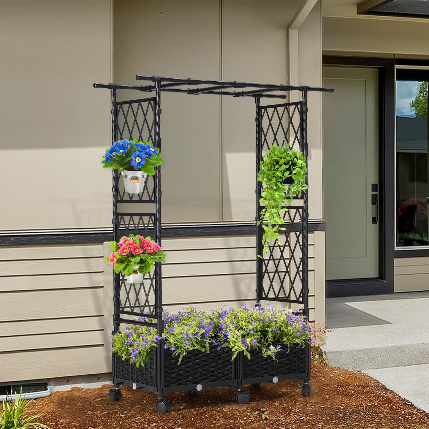 FOLLOOK Planter Box with Trellis Outdoor, 53.1in Plastic Raised Garden Bed with Trellis Hanging Roof for Vine Flower, with Lockable Wheels & Drain Plug for Patio Backyard Balcony, Black, 1 Pc