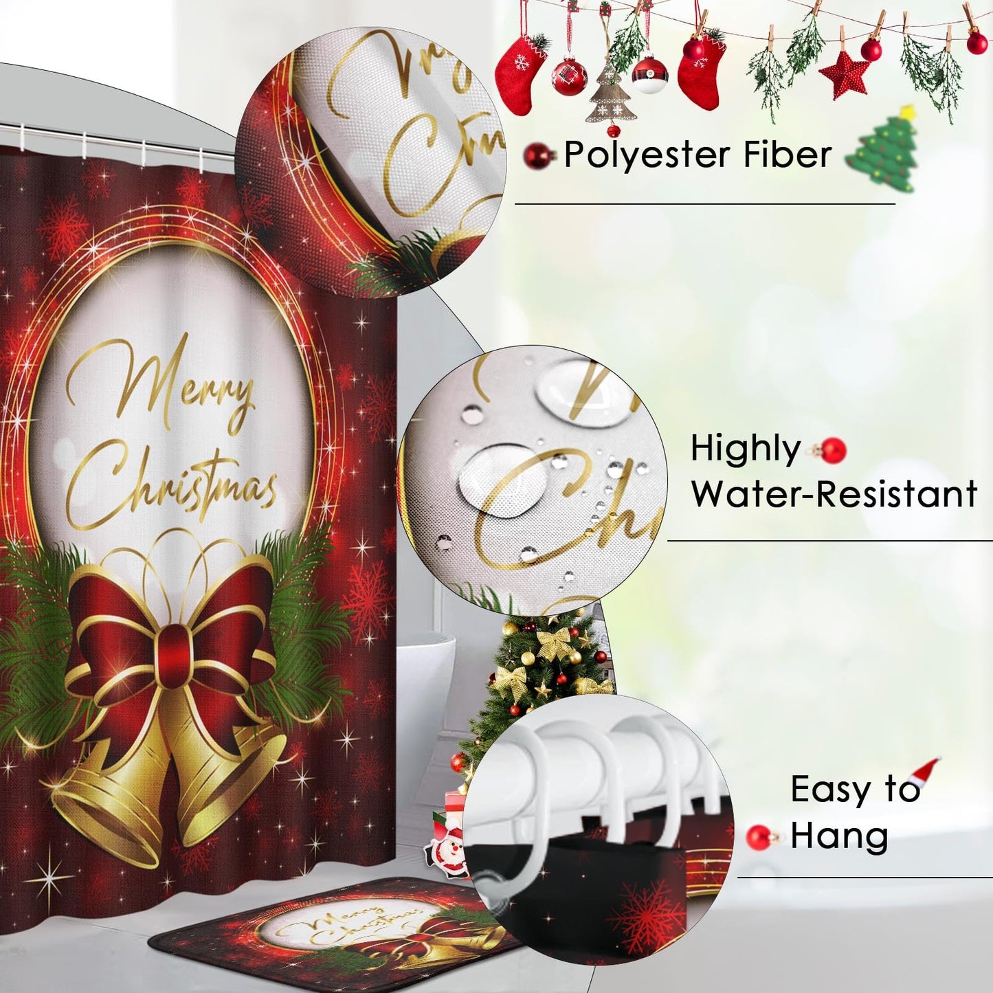 ArtSocket 4 Pcs Shower Curtain Set Christmas Bells Bow Snowflakes Red with Non-Slip Rugs Toilet Lid Cover and Bath Mat Bathroom Decor Set 72" x 72"