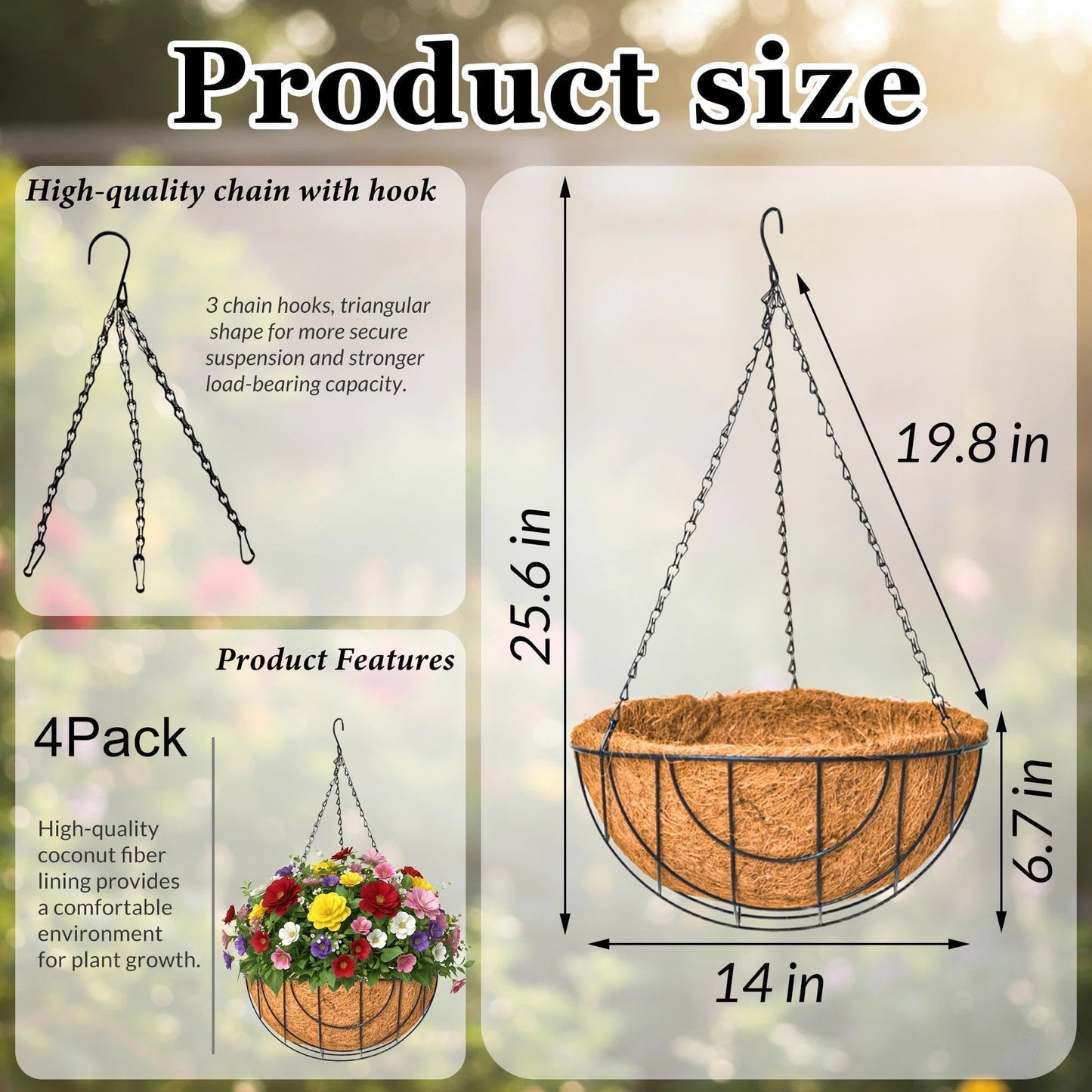 GYATSOCYG 4 Pack 14 Inch Metal Hanging Planter Basket，Natural Round Coconut Hanging Plant Flower Pot，Coconut Coir Planter for Hanging Basket Flowers/Vegetables Home Garden Patio Decoration Earth