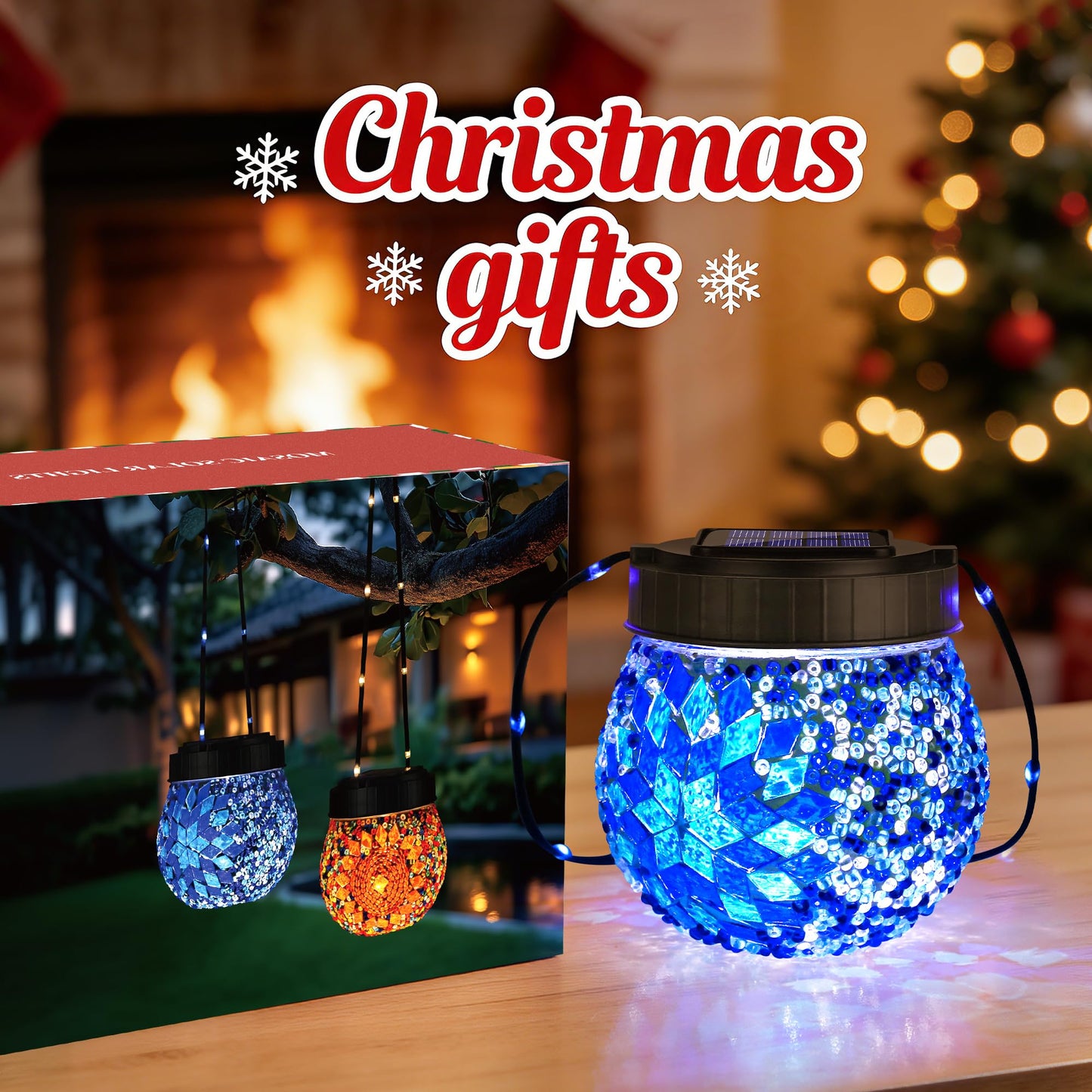 Mosaic Solar Lights Outdoor 6 Pack, Solar Hanging Lanterns Christmas Halloween Gifts for Women Mom Grandma, Waterproof Glass Globe Lights, Garden Patio Decor for Yard, Tree, Balcony, Cold