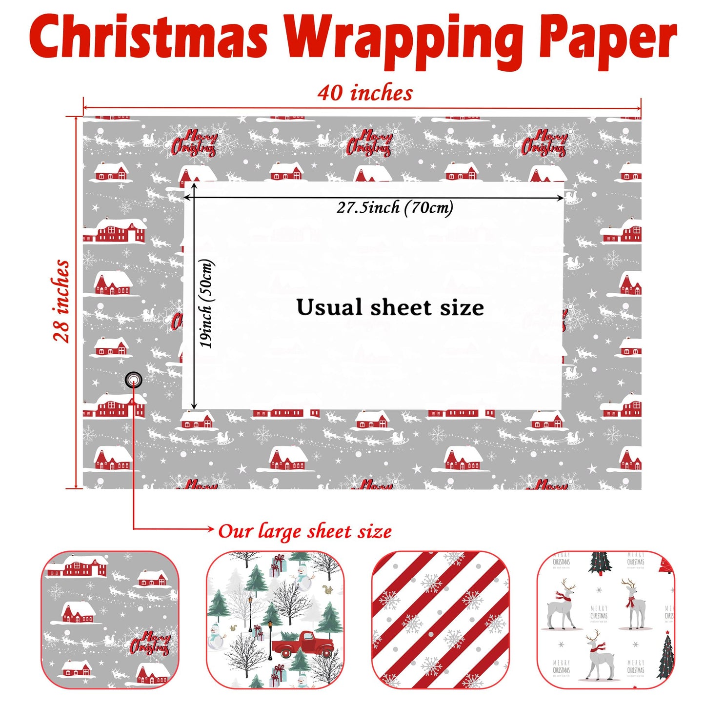Cuitpan White Christmas Wrapping Paper Bundle for Kids Adults - Reindeer, Stripes, Woodlands, Snowflake, Red Truck Winter Scene Designs - 28 x 40 Inches, 6 Jumbo Sheets