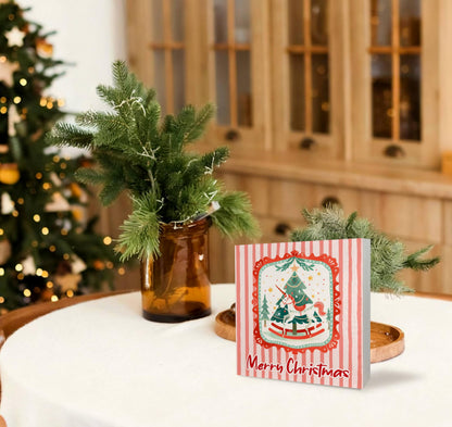 KEUSPI Rustic Pink Merry Christmas Wooden Box Sign, Preppy Christmas Desk Decor, Xmas Tree Mythical Horse Holiday Wood Box Block Sign for Home Office Desk Tabletop Shelf Decoration 5x5 Inch