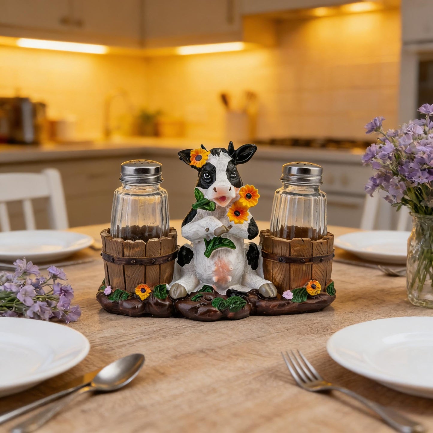 Rustic Farm Cow Salt and Pepper Shaker Holder with Glass Jars