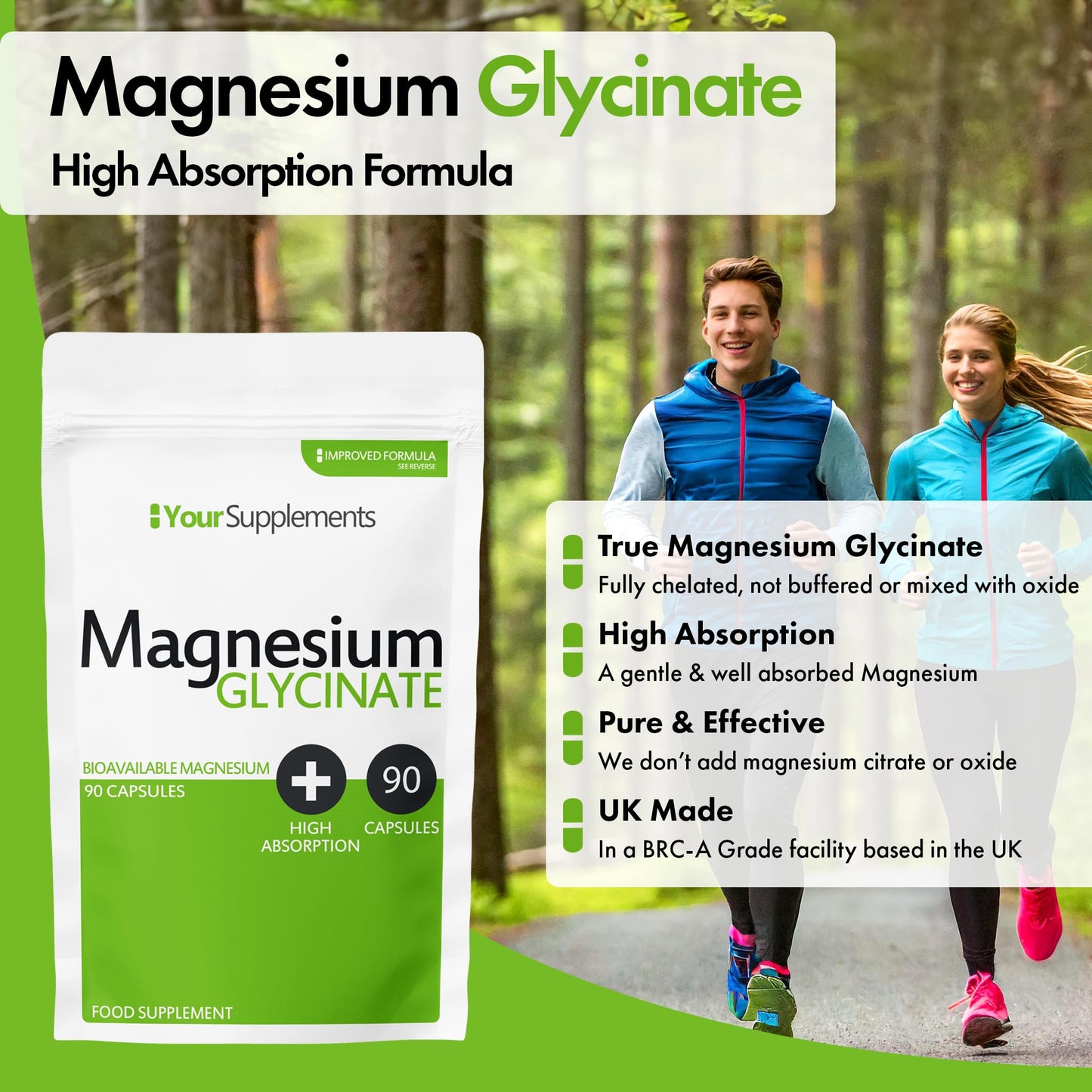 Magnesium Glycinate by Your Supplements | UK Made | True Unblended Bisglycinate | 90 High Absorption Capsules | Suitable for Vegetarians & Vegans