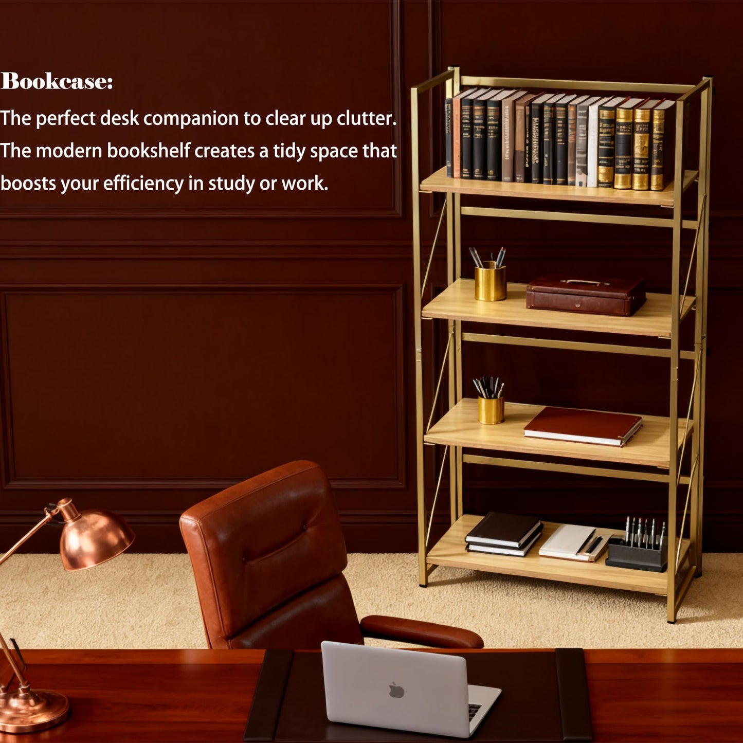 Kogven Folding Bookshelf, 2-in-1 Convertible Design, Multifunctional Plant Stand Storage Rack Shelves for Home Office, Easy Assembly, 4-Tier,Gold & Nature Wood