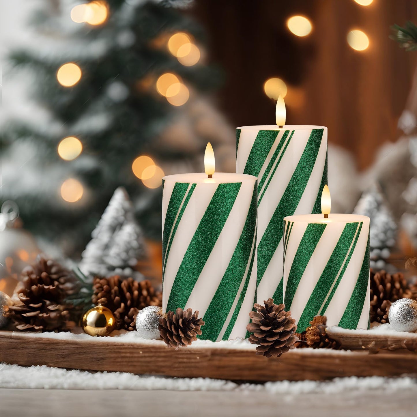 AFINETH Candy Cane Stripe Flameless Candles with Remote, Green Battery Operated Pillar Candles Real Wax, Flat Top Flickering Christmas LED Candle Decorations for Xmas, Home, Party Decor, Set of 3