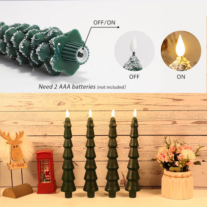 LiuSuper 4 Pack Christmas Tree LED Candles with Remote, Real Wax Flameless Taper Candles with 3D Flickering Flame, Lights Xmas Candlesticks for Christmas Home Party Decor (4 Pack Tower-Shaped)