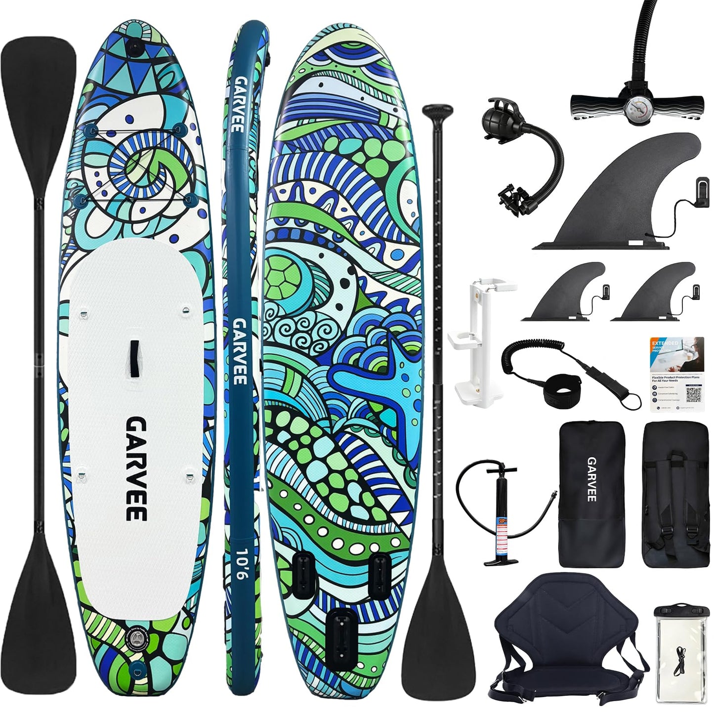 Inflatable Stand Up Paddle Board with Accessories 10'6", Fun-Ready Paddle Boards for Adults with Paddle, Fast Electric Pump, Hand Pump, Seat, CameraMount, Waterproof Phone Case, Fins, Leash, Carry Bag