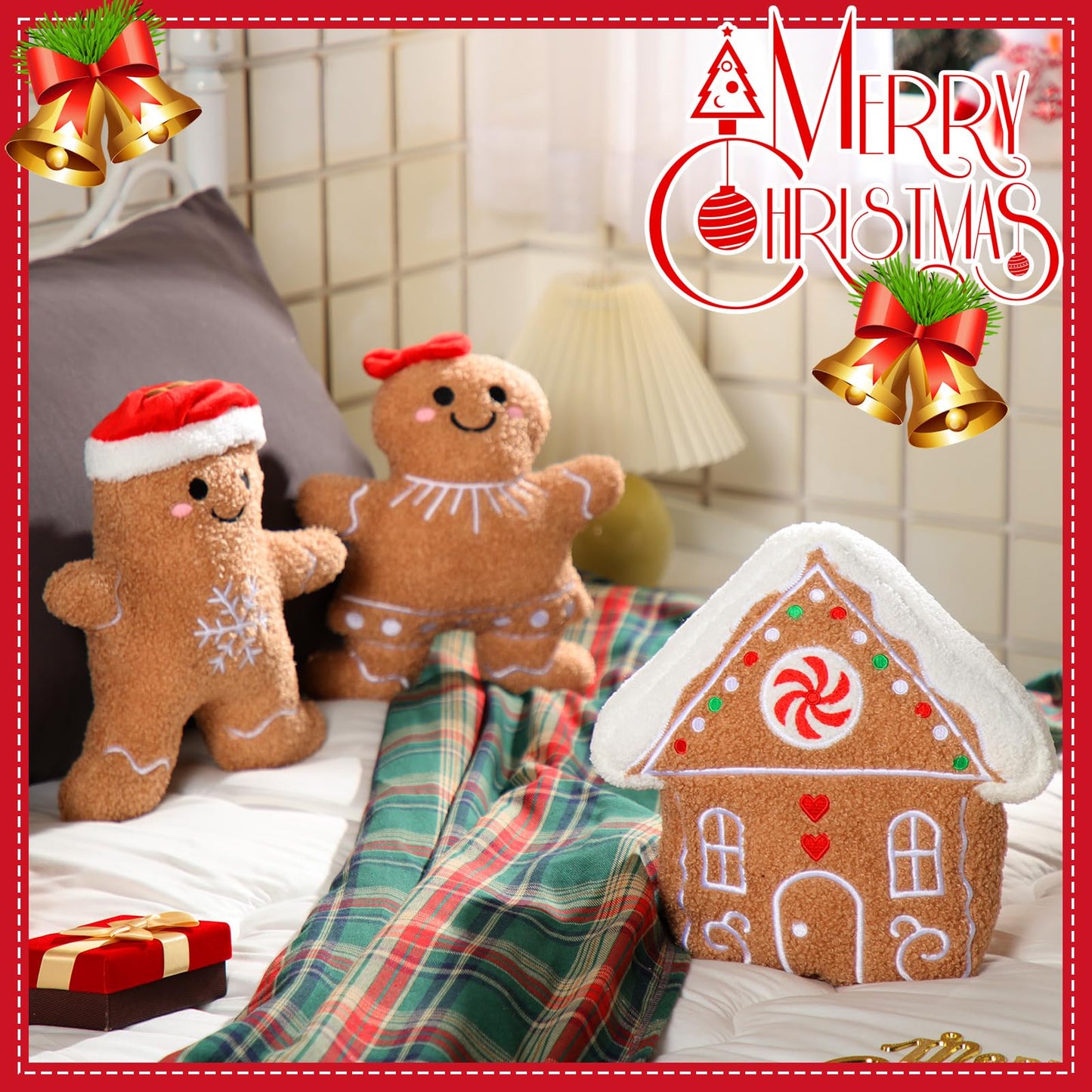 Konohan 3 Pcs Christmas Gingerbread Pillows House Man Throw Pillows Stuffed Gingerbread Shaped Pillow for Christmas Party Outdoor Cushion Decorations(Dark Yellow,Lovely Style)