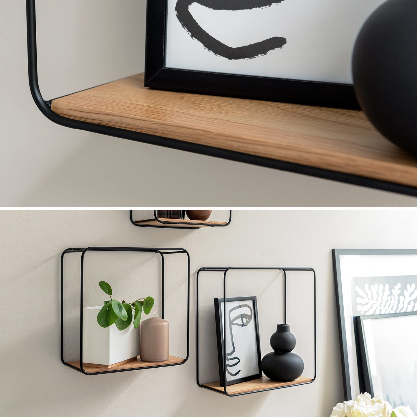 Kazai. Wall Shelves -Jona- | 3-Part Shelving Unit made of Metal and Real Wood Veneer | Wall Decor, Storage and Book Shelf for Bathroom, Living Room, Kitchen, Bedroom and More | Oak