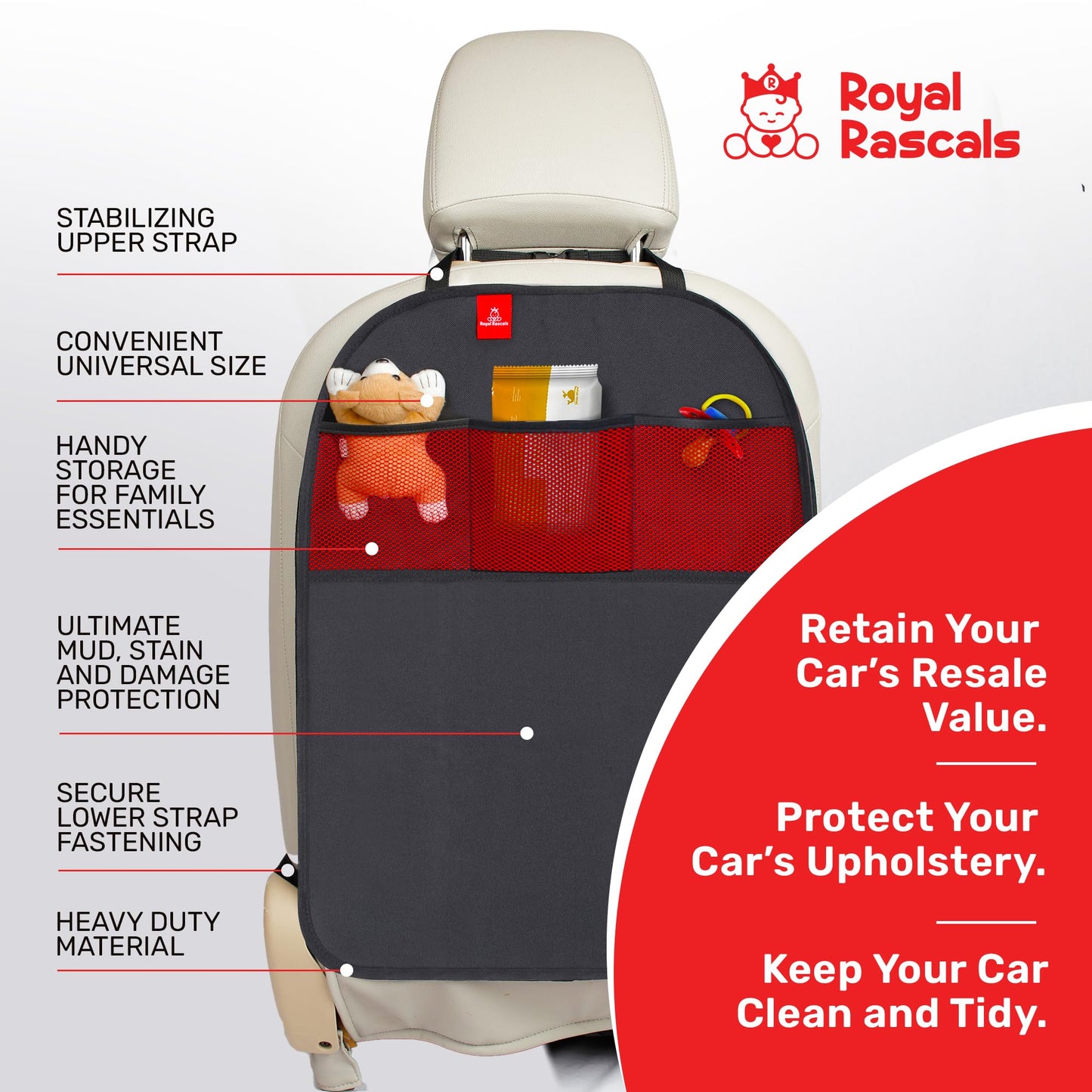 Royal Rascals Car Seat Kick Mats Back Seat Protector (2 Pack) Durable Waterproof Back Seat Organiser for Kids, Car Travel Accessories with Pockets & Storage, Road Trip Essentials, Easy to Install
