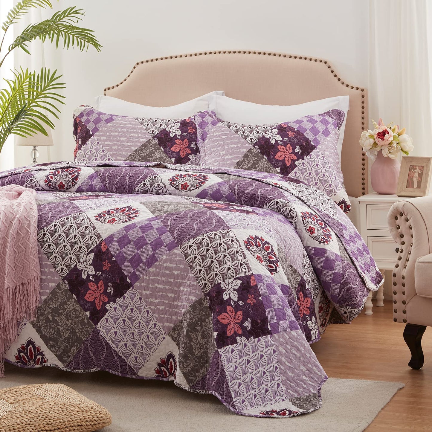 Full/Queen Size Quilt Set 3 Piece Lightweight Reversible Bedspread-90''x98'' Soft Patchwork Floral Coverlet Luxurious Warm Microfiber Bed Cover All Seasons Purple Bedding Set(1 Quilt,2 Pillow Shams)