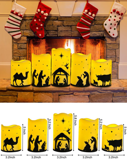 QVAIVE Flameless Christmas Nativity Scene Candles, Pillar Flickering Religion Candle with Timer Remote,Battery Operated LED Fake Candle for Xmas Home Holiday Decor Set of 5