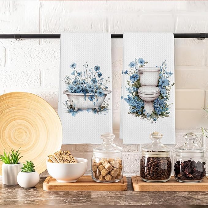 Blue Floral Hand Towels for Bathroom Set of 2, Flower Botanical Dish Tea