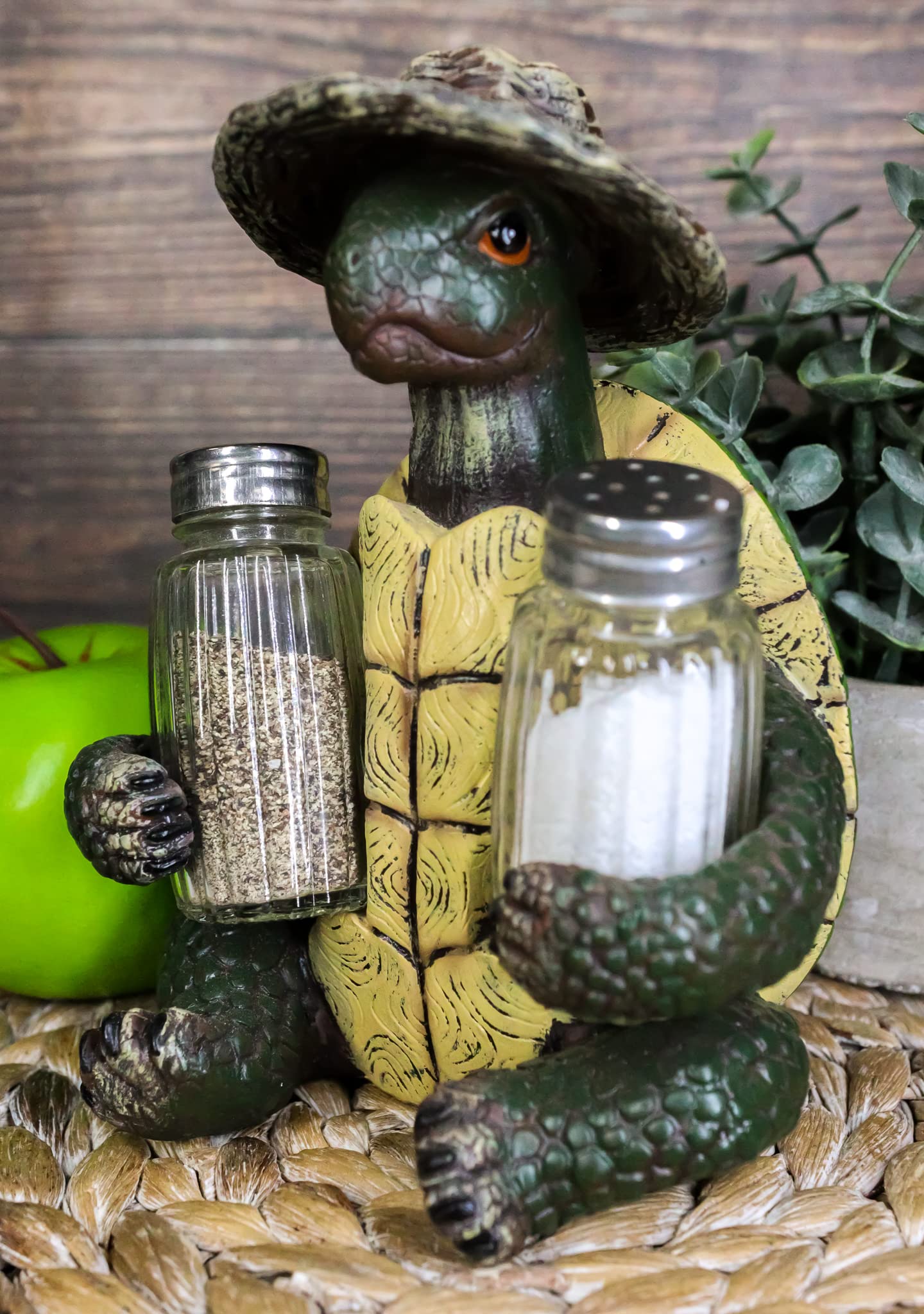 Ebros Slow Seasons Outdoors Camping Turtle With Wicker Hat Salt And Pepper Shakers Holder Figurine 7"H Turtles Tortoise Tortoises Themed Decor Animal Reptile Ocean Nautical Sea River Animal Sculpture