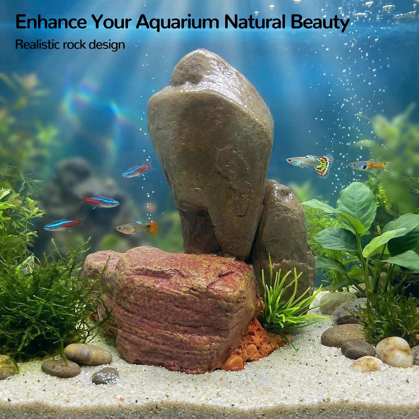 Mipukbay Medium Aquarium Decor Rock, Resin Fish Tank Artificial Stone Ornament for Freshwater/Saltwater, Safe Landscape Hideout for Betta Fish, Goldfish and Aquatic Pets