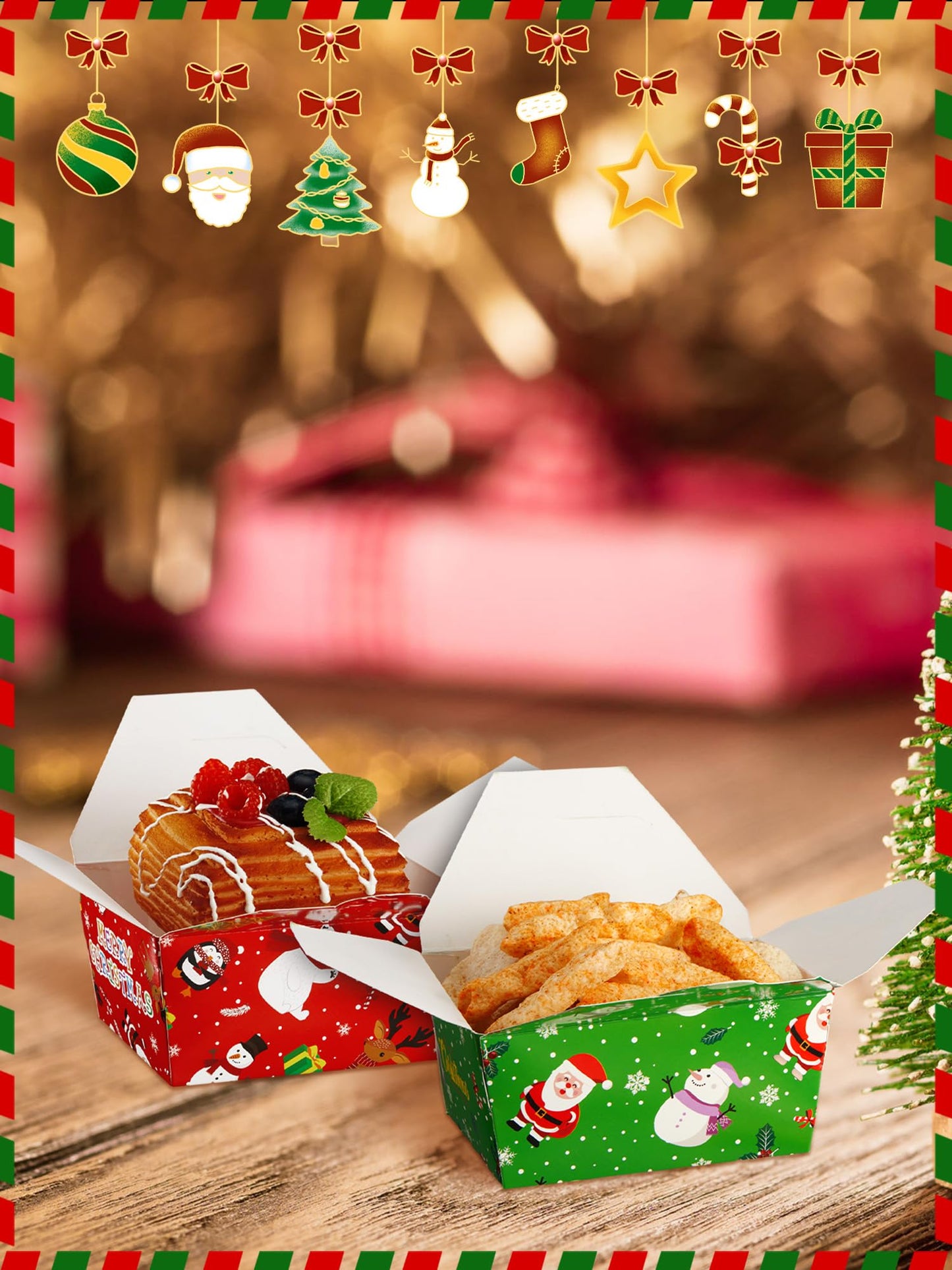 Estune 60 Pack Christmas Take out Food Boxes 2.56'' x 4.65'' x 3.54'' Christmas Disposable Treat Containers Candy Goodie Gift Boxes for Party Favor
