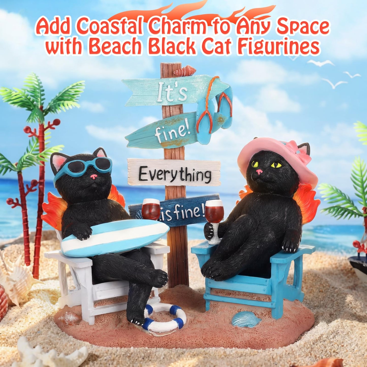 Wonderjune Beach House Decor Coastal Chair Resin with Animal Figurine Signs Ornament for Summer Beach Tropical Table Mantle Tabletop Decoration or Housewarming Birthday Gift 7x7 Inch(Cats)