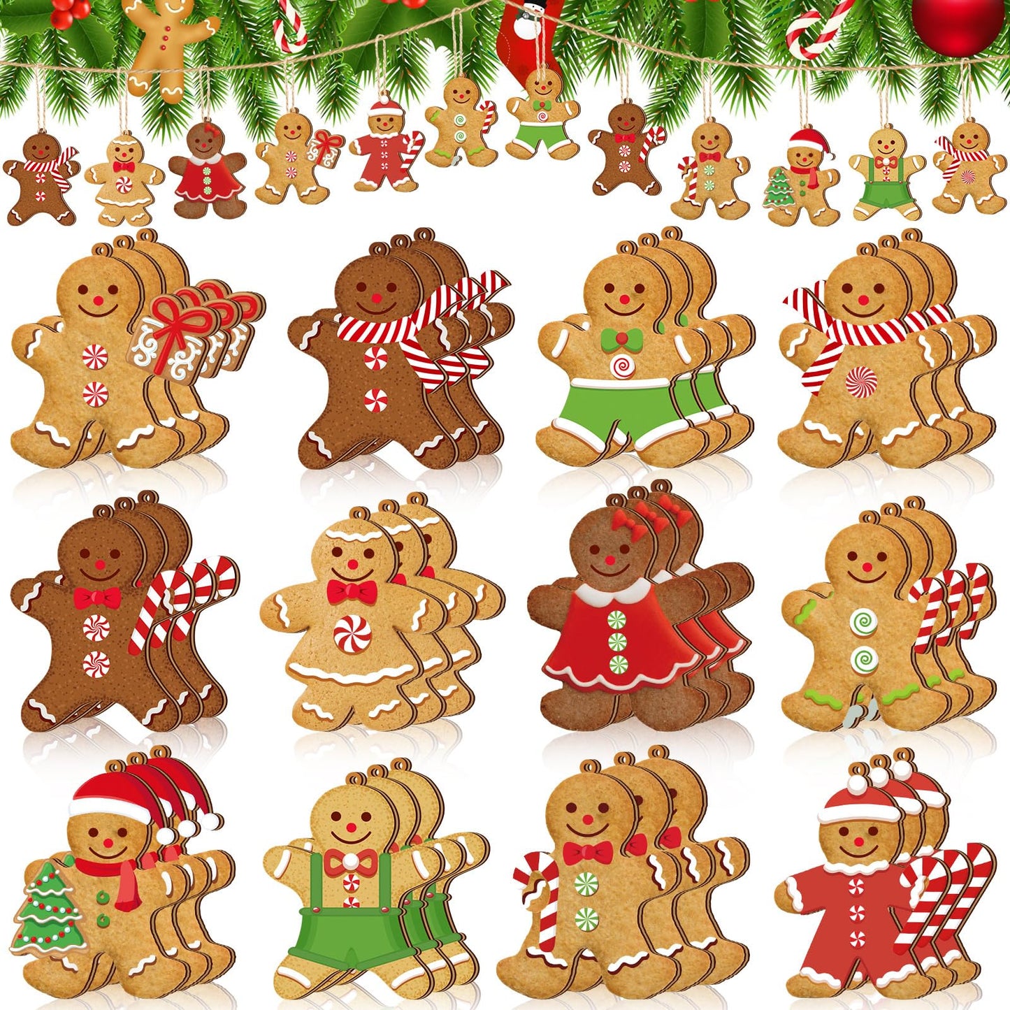 Ferraycle 36 Pcs Gingerbread Christmas Ornaments Christmas Tree Decorations 3 Inch Decorations Wooden Hanging Ornaments for Xmas Tree Home Kitchen Holiday Party Decor(Classic Style,Red)