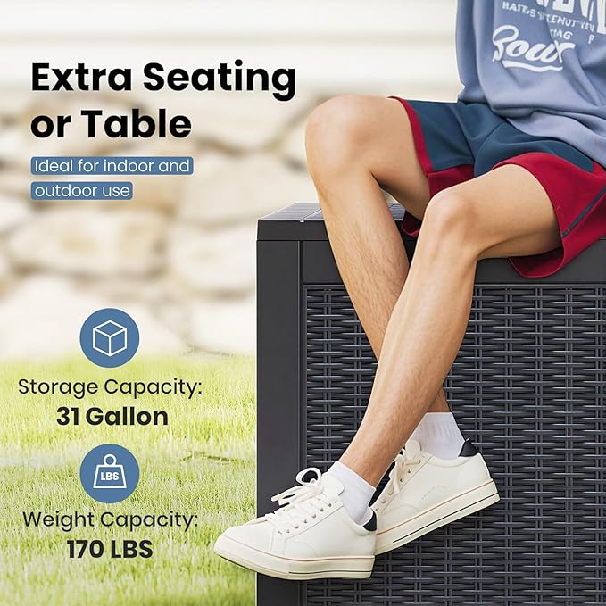 NEWBULIG 31 Gallon Outdoor Storage Box, Waterproof Deck Box with Lockable Lid, Patio Furniture Bench & Side Table, Easy Assembly, for Garden, Pool, Patio & Backyard Organization, Rattan Texture Black