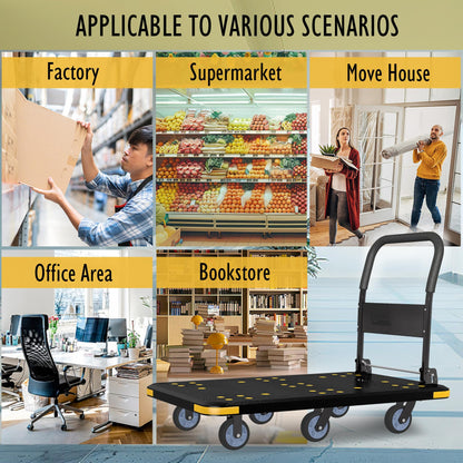 Heavy-Duty Foldable Platform Cart with 6 Wheels & 2000LB Capacity - 360° Swivel & Fixed Casters, Collapsible Push Cart Dolly Black Plastic Trolley, 5" Wheels, Spare Tire & Anti-Collision Corners