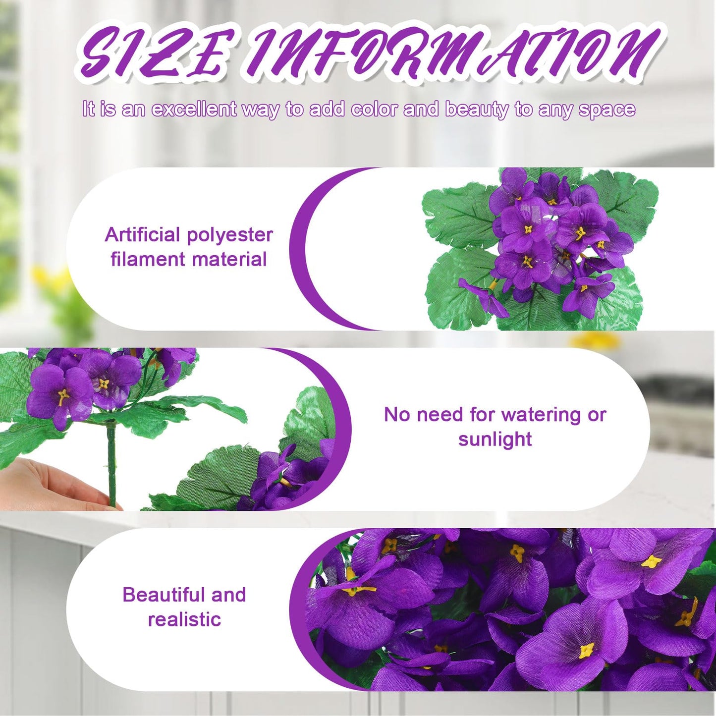 Suncalla 6 Pack Purple African Violet Artificial Silk Flower Bushes Individual Artificial Violet Flowers Houseplant(Purple)