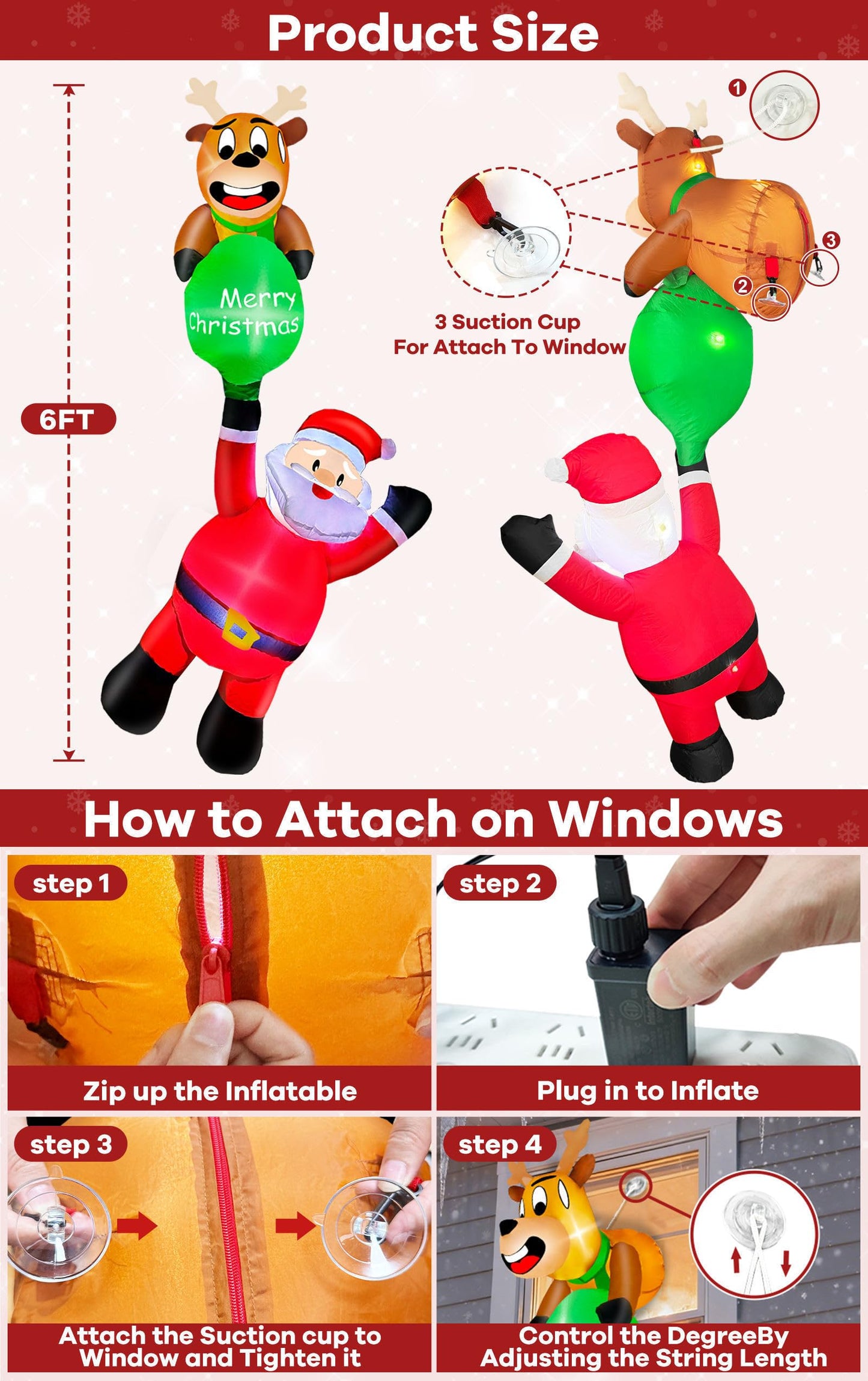 6 Ft Hanging Christmas Inflatables, Reindeer Pulling Gift with Climbing Santa Window Funny Blow Up Outdoor Christmas Decorations with Built-in LEDs Lights for Xmas Yard Lawn Home Roof Holiday Display