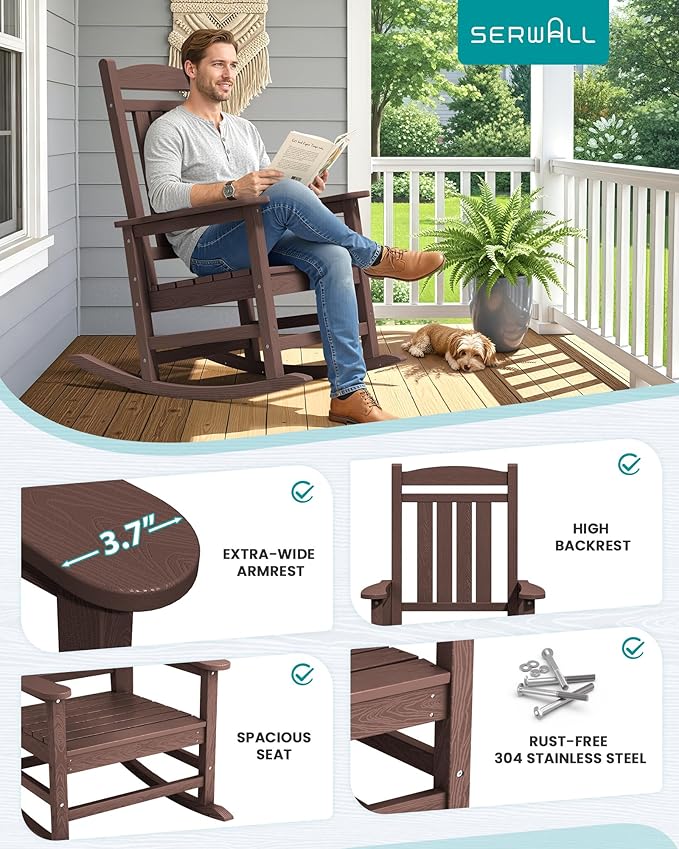 SERWALL Oversized Outdoor Rocking Chair, All-Weather Patio Rocking Chair, HDPE Porch Rocker for Adults, Coffee
