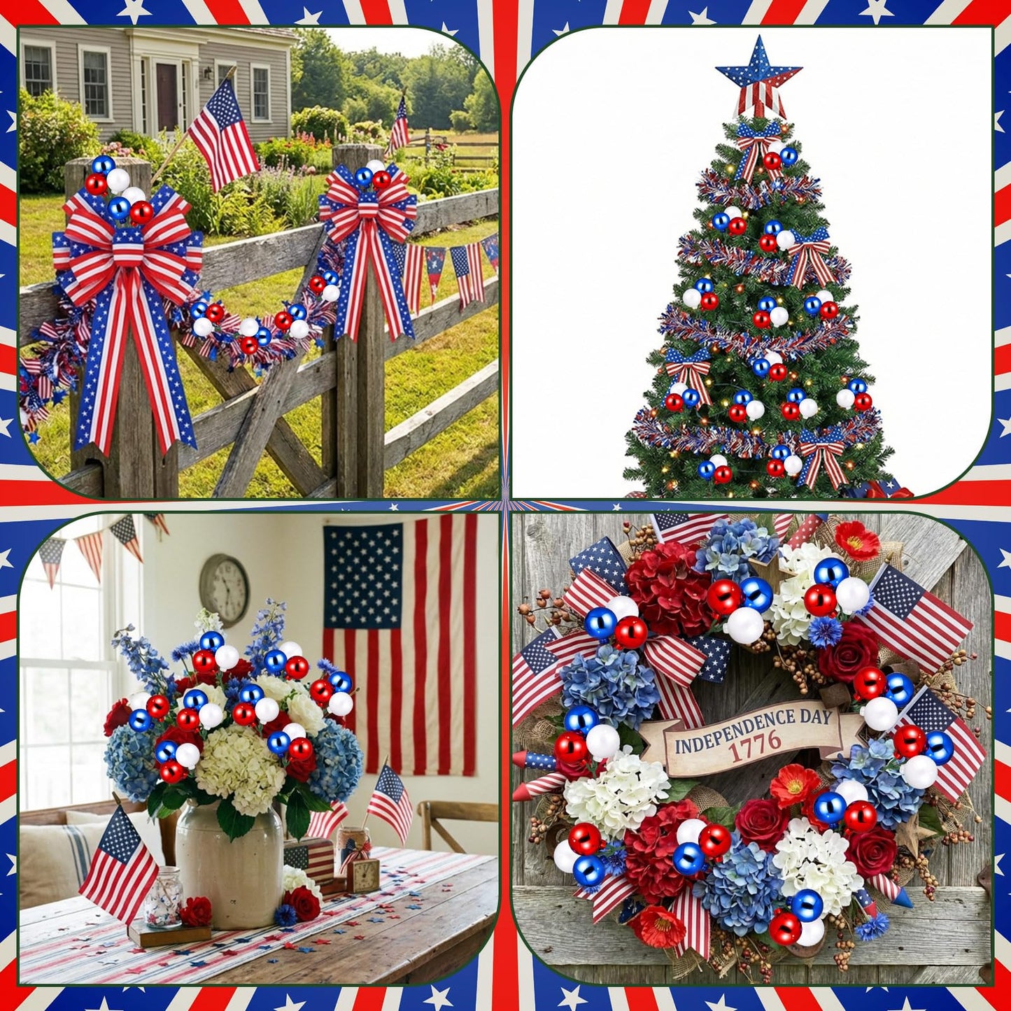 Syhood 12 Set 4th of July Red White and Blue Ball Picks Patriotic Tree Decoration 7.9 Inch 250th Anniversary Glitter Ball Ornaments on Wired Picks and Sprays for Independence Day Tree Wreath Vase DIY