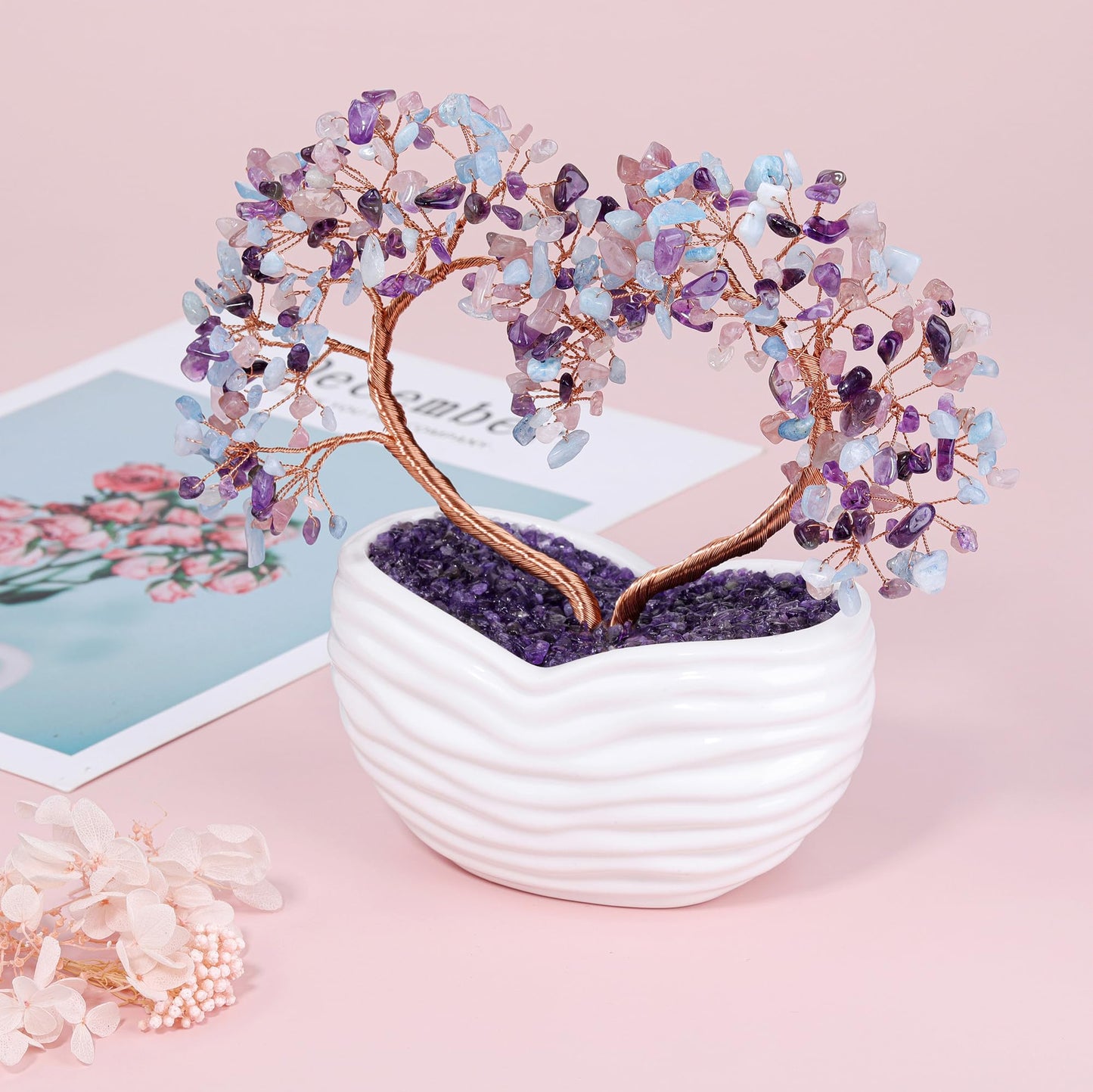 GEHECRST Healing Crystal Heart Tree Handmade Amethyst Rose Quartz Aquamarine Crystal Gemstone Money Tree Feng Shui Ornament for Home Office Desk Decor Gifts for Mom Women Christmas