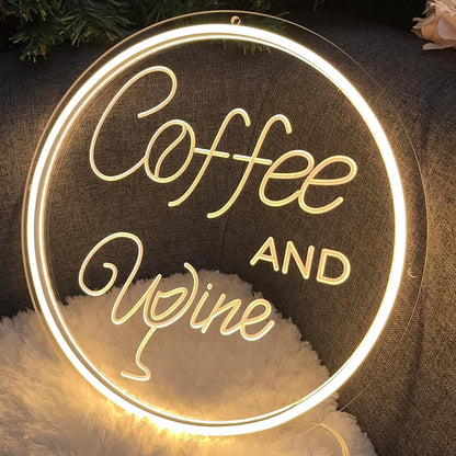 Coffee & Wine Neon Sign For Wall Decor 3D Art Carving Design Indoor Bedroom Led Neon Signs Backdrop Flex Christmas Party Business Shop Window Wedding Living Room Birthday Gift(Warm White,USB,30×30CM)