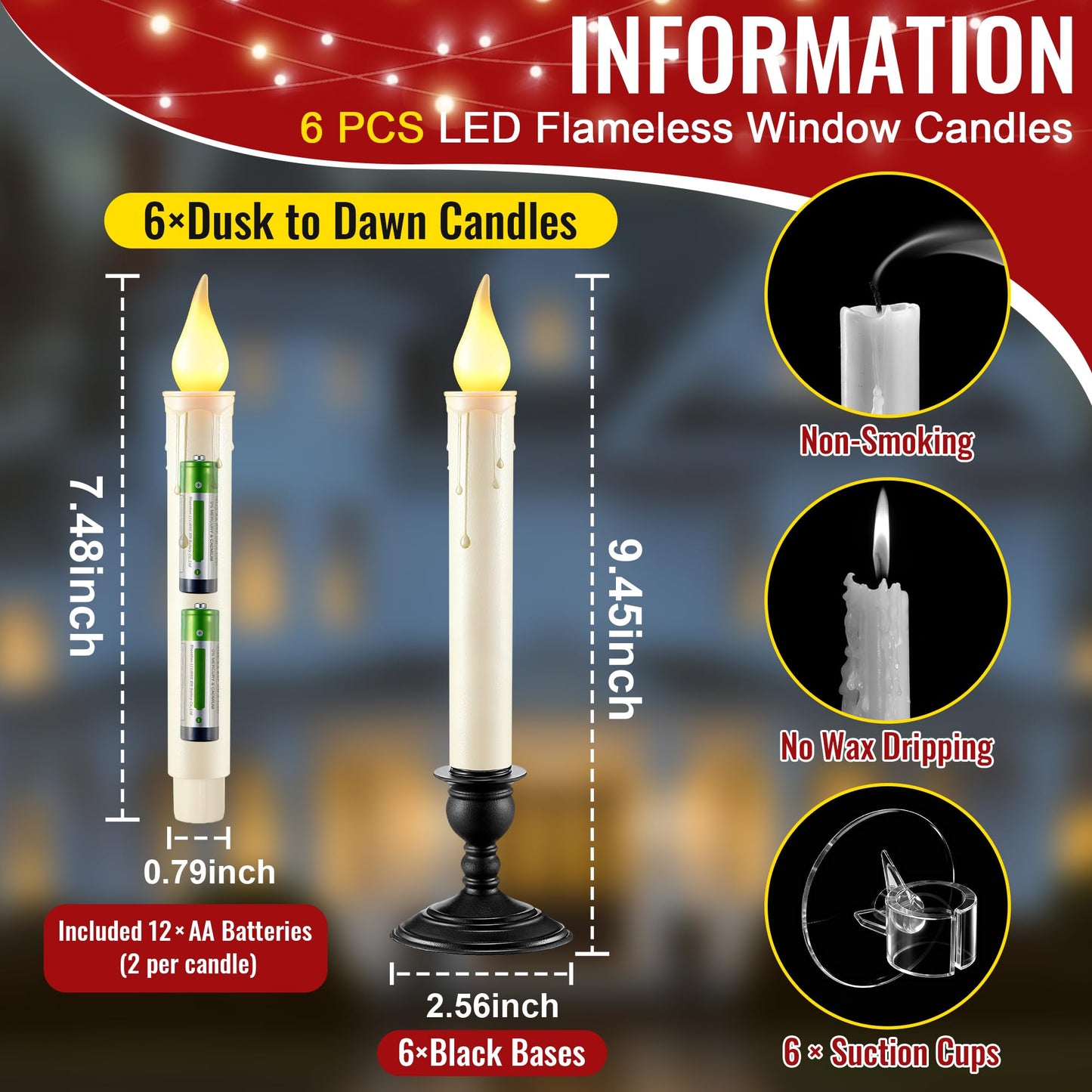 6 Pack Battery Operated Window Candles with Sensor Dusk to Dawn, Ivory Flameless Taper Candlesticks with Removable Black Base & Suction Cups, LED Candlestick for Christmas Decor Home, 12 AA Batteries