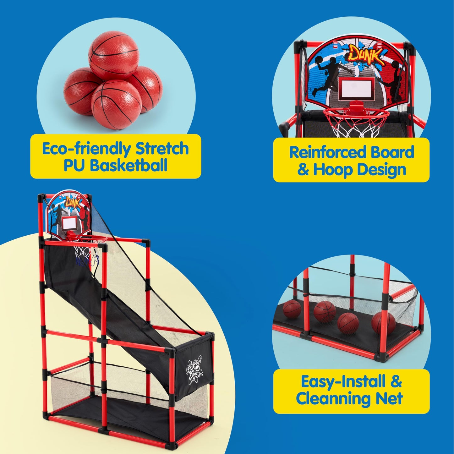 JOYIN Arcade Basketball Game Set with 4 Balls and Hoop for Kids 3 to 12 Years Old Indoor Outdoor Sport Play - Easy Set Up - Air Pump Included - Ideal for Competition