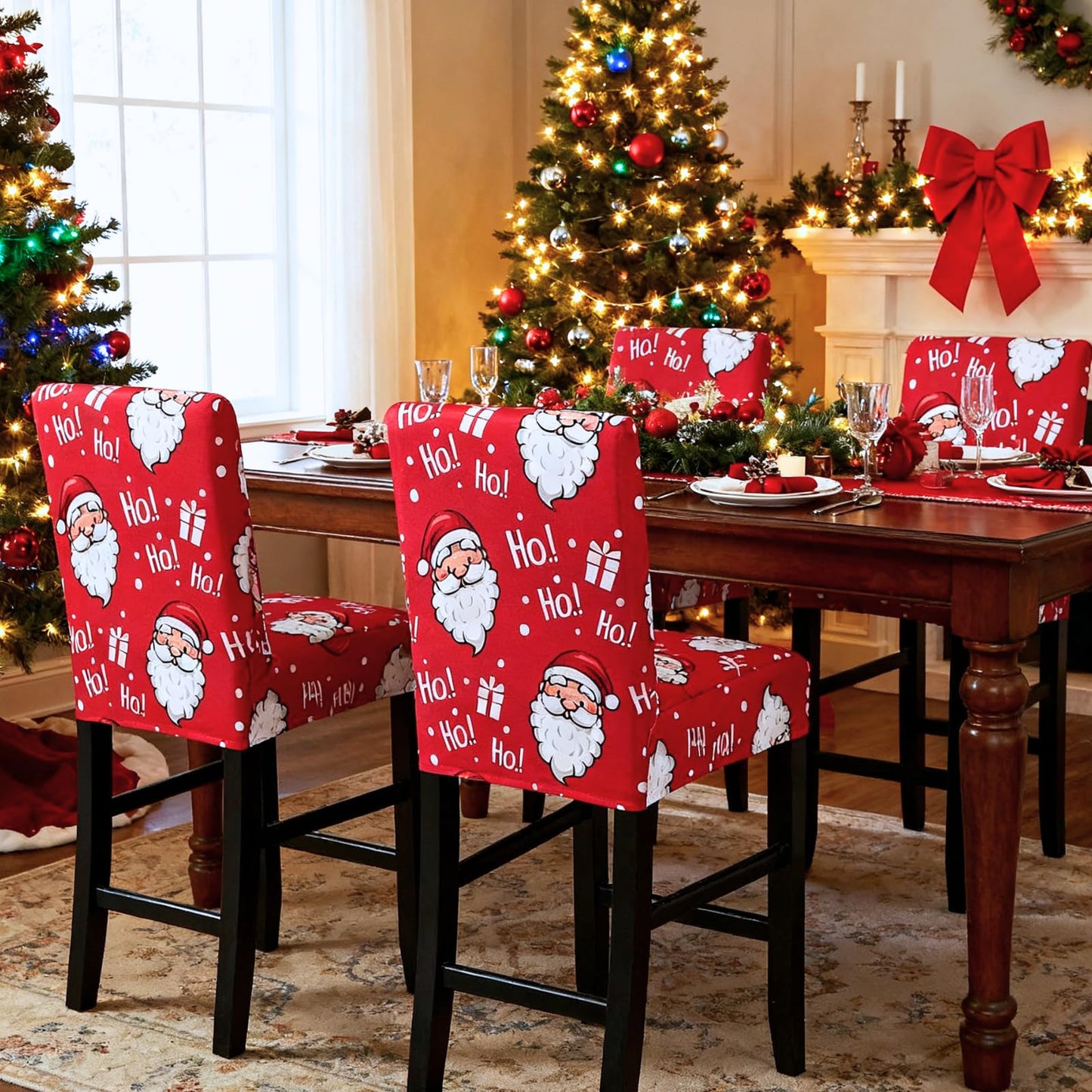 SearchI Christmas Bar Stool Covers Set of 4, Stretch Washable Barstool Seat Covers, Counter Height Chair Covers for Kitchen Dining Room Cafe (Santa Claus)