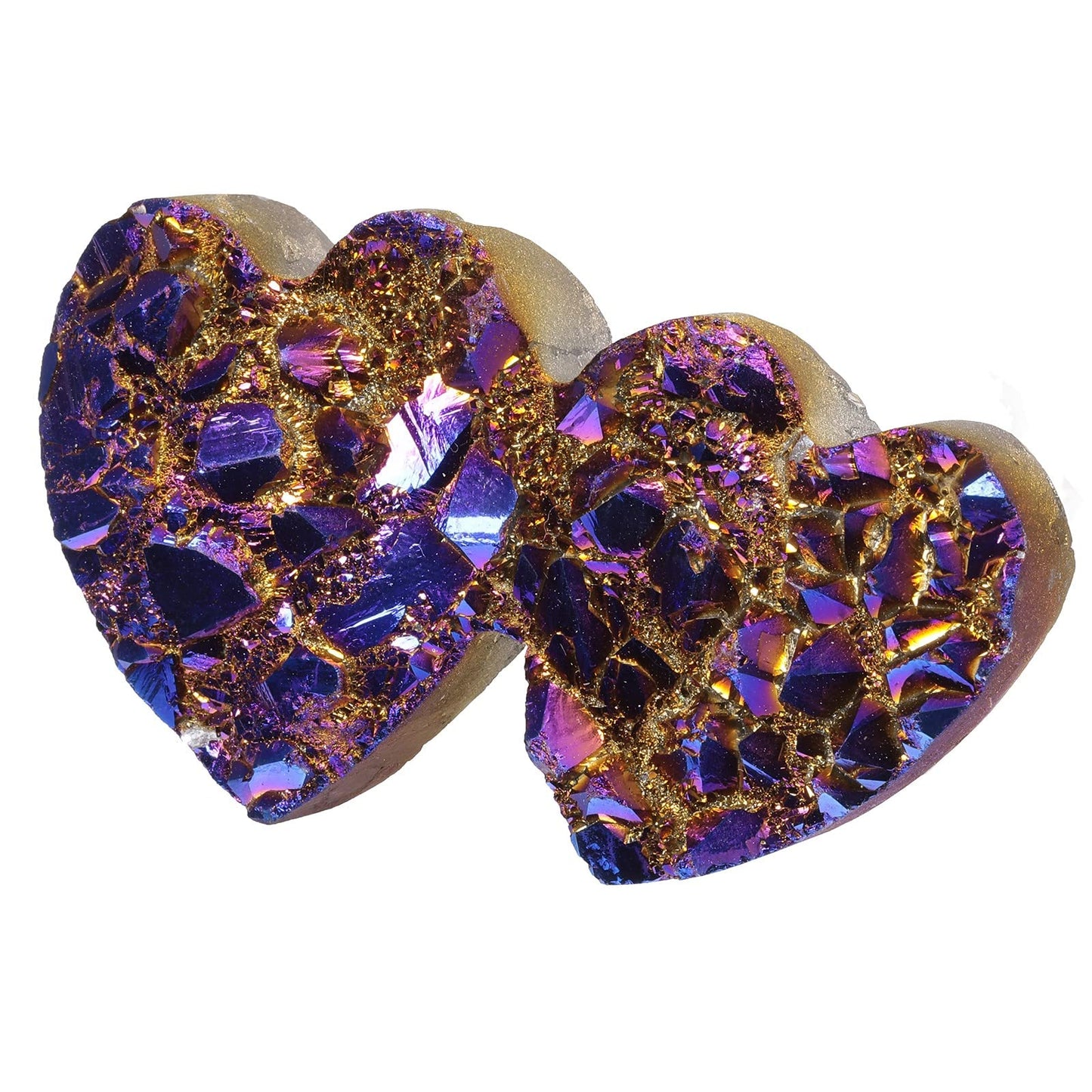 SUNYIK Double Heart Shaped Titanium Coated Cluster Specimen Natural Rock Crystal Stone Decoration Reiki Healing, Meditation for Valentine's Day, Purple/Gold